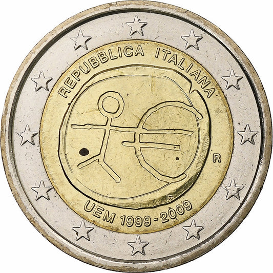 taliančina,
 
 2 eurá,
 
 Hospodárska a menová únia