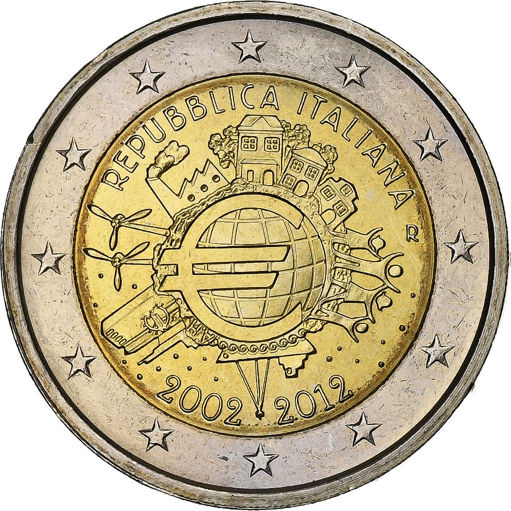taliančina, 
  
  2 eurá, 
  
  10 Jahre Euro-Bageld