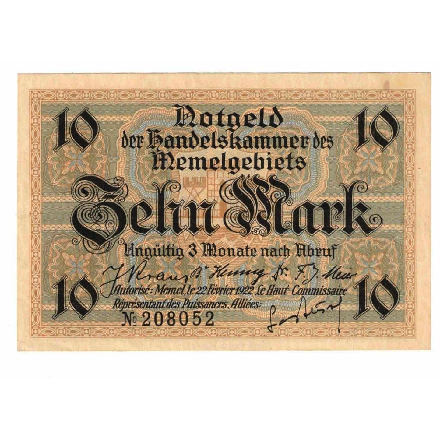 bankovka, 
  
  Memel, 
  
  10 značiek