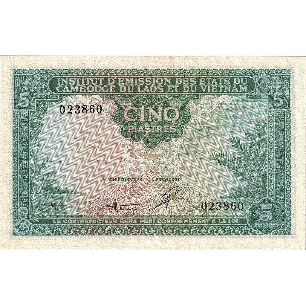 bankovka,
 
 FRANCÚZSKA INDOCHINA,
 
 5 Piastrov = 5 Dongov