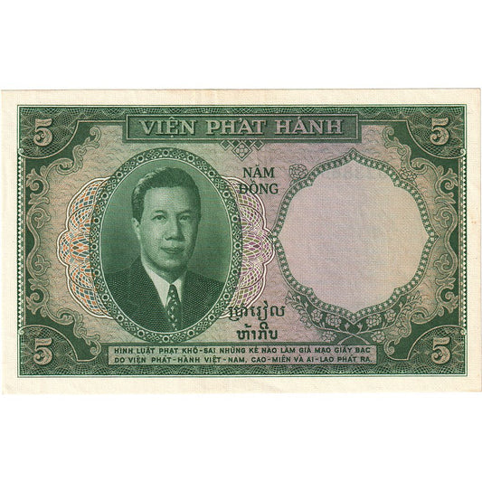 bankovka,
 
 FRANCÚZSKA INDOCHINA,
 
 5 Piastrov = 5 Dongov