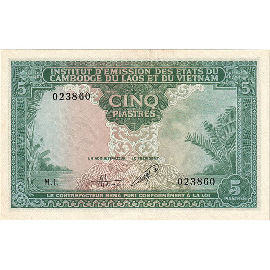 bankovka,
 
 FRANCÚZSKA INDOCHINA,
 
 5 Piastrov = 5 Dongov